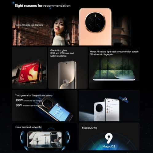 Honor Magic7, 12 Go + 256 Go, écran empreinte digitale, 6,78 pouces MagicOS 9.0 / Android 15 Snapdragon 8 Elite 3 nm Octa Core, réseau : 5G, NFC, OTG, prise en charge de Google Play (noir) SH980B250-015