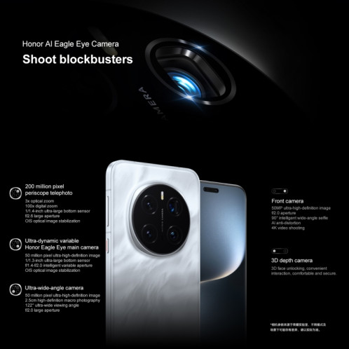 Honor Magic7 Pro, 16 Go + 1 To, écran avec lecteur d'empreintes digitales, 6,8 pouces MagicOS 9.0 / Android 15 Snapdragon 8 Elite 3 nm Octa Core, réseau : 5G, NFC, OTG, prise en charge de Google Play (blanc) SH985W1760-017