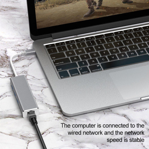 USB-C / Type-C vers Gigabit Ethernet RJ45 et 3 x adaptateur USB 3.0 convertisseur HUB, ordinateur tablette externe téléphone universel (argent) SH006S1517-010