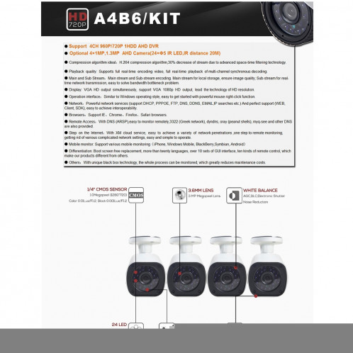 Kit de caméra NVR pour caméra IP à puce mégapixel COTIER A4B6 4Ch 1080P, vision nocturne / détection de mouvement, distance IR: 15 m SC078C1923-08