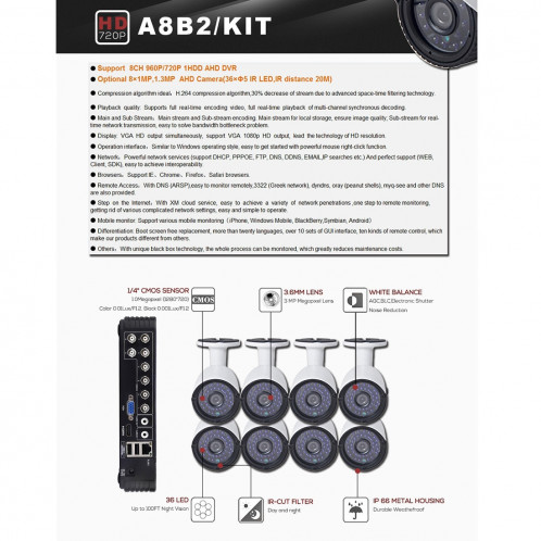 Kit caméra NVR pour caméra IP à puce mégapixel COTIER A8B2 8Ch 1080P, vision nocturne / détection de mouvement, distance IR: 20 m SC079C779-08