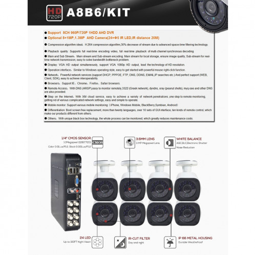 Kit caméra NVR COTIER A8B6 8Ch 960P 1.3 Mega Pixel Bullet, Vision nocturne / Détection de mouvement, Distance IR: 15m SC080B1135-08