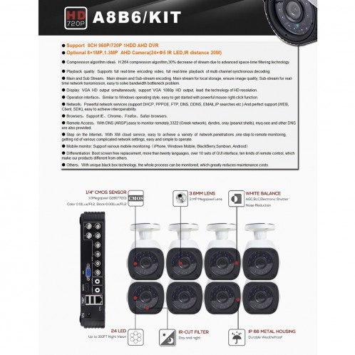 Kit Caméra NVR Caméra IP Bullet Mega Pixel COTIER A8B6 8Ch 1080P, Vision Nocturne / Détection de Mouvement, Distance IR: 15m SC080C540-08