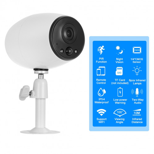 VESAFE VS-DC01 Sécurité HD 720P deux voies audio sans fil Wifi caméra IP, vision nocturne de soutien et détection PIR et carte TF, IP54 étanche (blanc) SH093W88-014