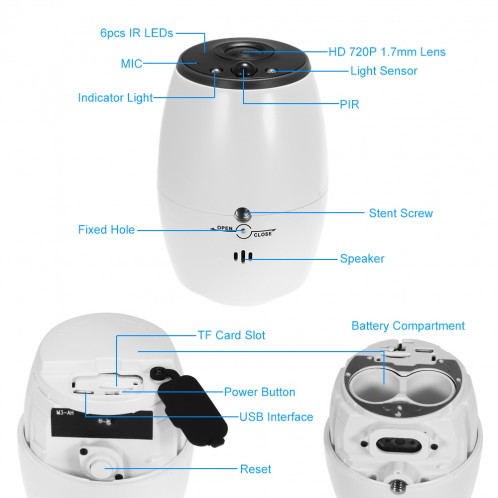 VESAFE VS-DC01 Sécurité HD 720P deux voies audio sans fil Wifi caméra IP, vision nocturne de soutien et détection PIR et carte TF, IP54 étanche (blanc) SH093W88-014