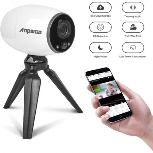 Anpwoo Cannon Caméra IP CMOS HD WiFi 1/3 pouce 1.3MP 960P avec support pour trépied, détection de mouvement et vision nocturne (blanc) SA102W1114-011