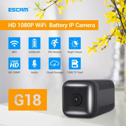 Caméra IP WiFi avec batterie rechargeable Full HD ESCAM G18 1080P, prise en charge de la vision nocturne / détection de mouvement PIR / carte TF / audio bidirectionnel (noir) SE179B1259-015