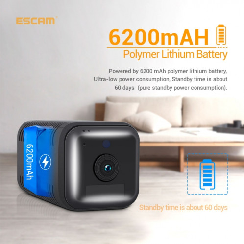 Caméra IP WiFi avec batterie rechargeable Full HD ESCAM G18 1080P, prise en charge de la vision nocturne / détection de mouvement PIR / carte TF / audio bidirectionnel (noir) SE179B1259-015