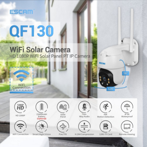 Caméra IP WiFi étanche ESCAM QF130 1080P IP66 avec panneau solaire, prise en charge de la vision nocturne et de la détection de mouvement et audio bidirectionnel et carte TF et contrôle PTZ SE0185658-015