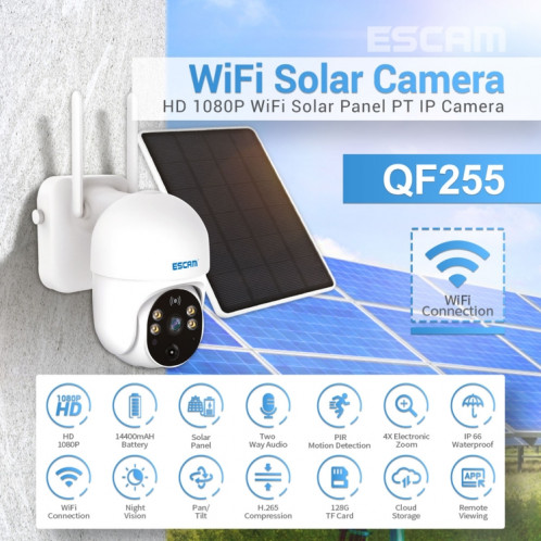 Escam QF255 2,0 millions de pixels 1080p HD WiFi Caméra solaire, Support Deux-VOIX et PIR Vision et carte Night Vision & TF SE02351650-016