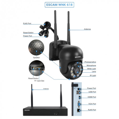 Escam WNK618 3,0 millions de pixels Caméra à dôme sans fil à 8 canaux HD NVR Système de sécurité, prise en charge de la détection de mouvement et de la vision nocturne audio et de la couleur de la couleur de l'UE SE36EU1672-014