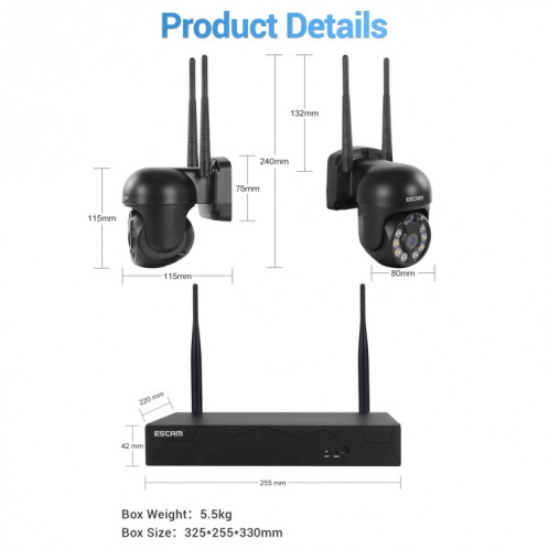 Escam WNK618 3,0 millions de pixels Caméra à dôme sans fil à 8 canaux HD NVR Security System, suppression de la détection de mouvement et de la vision de la nuit et de la couleur de la couleur à deux voies et la SE36US1114-014