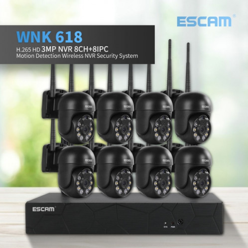 Escam WNK618 3,0 millions de pixels Caméra à dôme sans fil à 8 canaux HD NVR Security System, suppression de la détection de mouvement et de la vision de la nuit et de la couleur de la couleur à deux voies et la SE36US1114-014