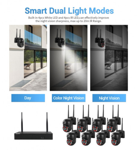 Escam WNK618 3,0 millions de pixels Caméra à dôme sans fil à 8 canaux HD NVR Security System, suppression de la détection de mouvement et de la vision de la nuit et de la couleur de la couleur à deux voies et la SE36US1114-014