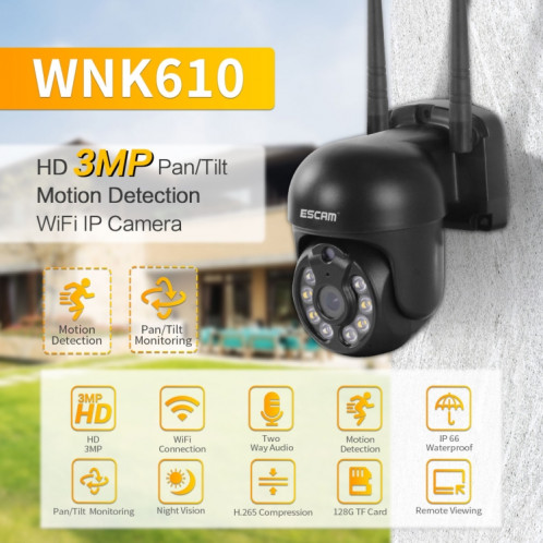 Escam WNK610 3,0 millions de pixels Dôme sans fil Caméra IP, prise en charge de la détection de mouvement et de la vision de la nuit audio et de la couleur à deux voies, carte US SE37US558-014