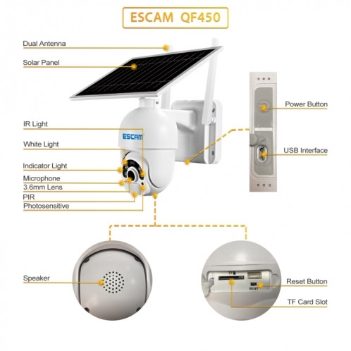 Escam QF450 HD 1080P 4G Version EU Caméra IP à énergie solaire sans mémoire, supporte la détection de mouvement de l'audio et du PIR à double sens et la vision nocturne et la carte TF SE0239441-014