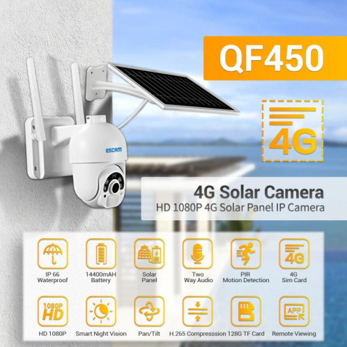 Escam QF450 HD 1080P 4G Version EU Caméra IP à énergie solaire sans mémoire, supporte la détection de mouvement de l'audio et du PIR à double sens et la vision nocturne et la carte TF SE0239441-014