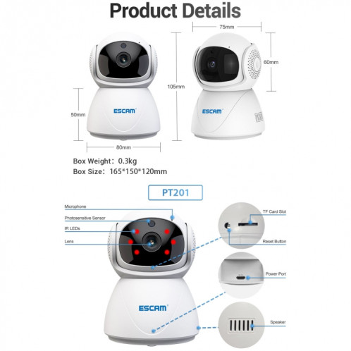 ESCAM PT201 HD 1080P Dual-bande wifi Caméra IP, Support Vision nocturne / Détection de mouvement / Trackage automatique / Carte TF / Deux voies Audio, Fiche EU SE11EU484-014