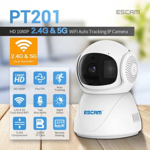 ESCAM PT201 HD 1080P Dual-bande wifi Caméra IP, Support Vision nocturne / Détection de mouvement / Trackage automatique / Carte TF / Deux voies Audio, Fiche EU SE11EU484-014