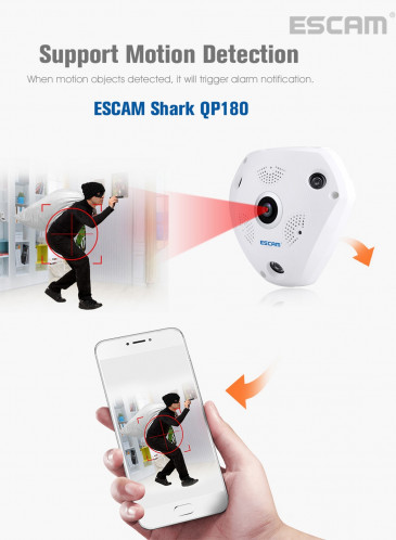 ESCAM Shark QP180 960P 360 degrés Fisheye objectif 1.3MP WiFi IP Camera, détection de mouvement de soutien / vision nocturne, Distance IR: 10m SE0327336-020