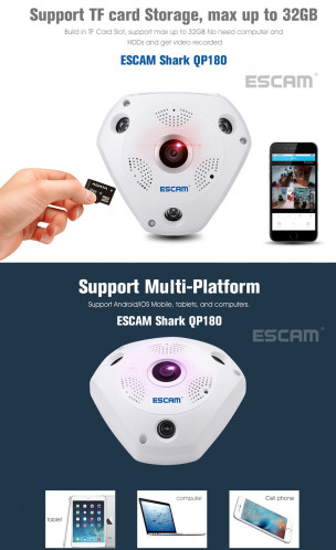 ESCAM Shark QP180 960P 360 degrés Fisheye objectif 1.3MP WiFi IP Camera, détection de mouvement de soutien / vision nocturne, Distance IR: 10m SE0327336-020