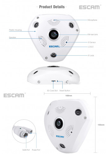 ESCAM Shark QP180 960P 360 degrés Fisheye objectif 1.3MP WiFi IP Camera, détection de mouvement de soutien / vision nocturne, Distance IR: 10m SE0327336-020