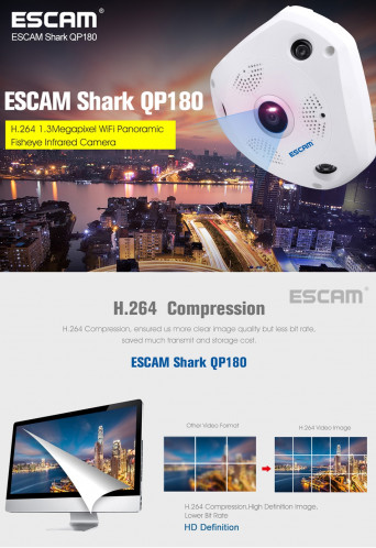 ESCAM Shark QP180 960P 360 degrés Fisheye objectif 1.3MP WiFi IP Camera, détection de mouvement de soutien / vision nocturne, Distance IR: 10m SE0327336-020