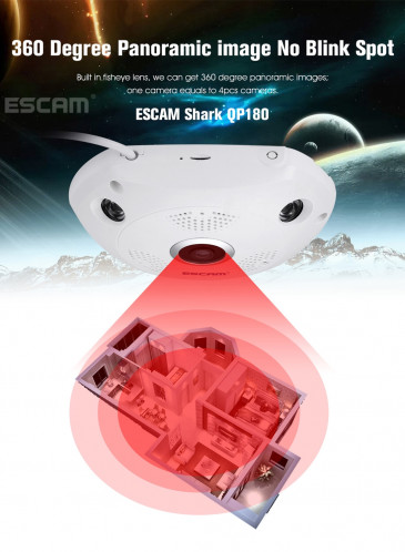 ESCAM Shark QP180 960P 360 degrés Fisheye objectif 1.3MP WiFi IP Camera, détection de mouvement de soutien / vision nocturne, Distance IR: 10m SE0327336-020