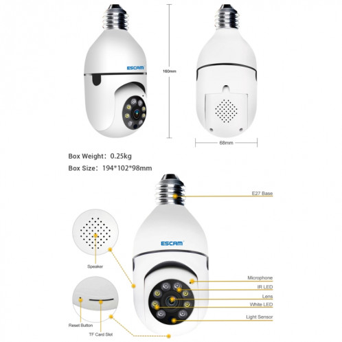 ESCAM PT208 1080P HD Ampoule HD Caméra WiFi, détection de mouvement de support, audio bidirectionnel, vision nocturne, carte TF SE0328879-013