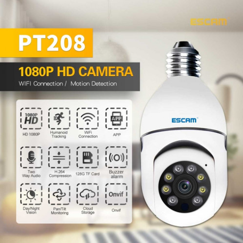 ESCAM PT208 1080P HD Ampoule HD Caméra WiFi, détection de mouvement de support, audio bidirectionnel, vision nocturne, carte TF SE0328879-013