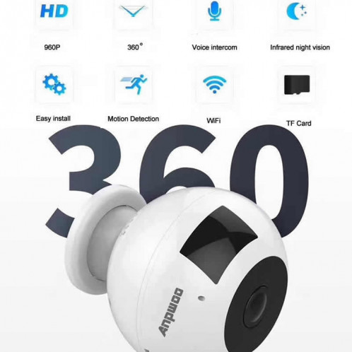 Anpwoo MN003 Caméra IP panoramique Wi-Fi panoramique 360 ​​degrés 960P HD, prise en charge de la détection de mouvement et de la vision nocturne infrarouge et de la carte TF (max. 64 Go) SA03701943-015