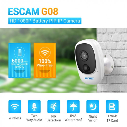 Caméra IP PIR étanche ESCAM G08 HD 1080P IP65 avec panneau solaire, carte TF de soutien / Vision nocturne / Audio bidirectionnel (blanc) SE225W950-013
