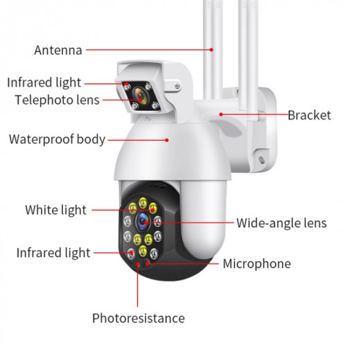 QX41 1080P 2.0mp double objectif IP66 Imperméable PTZ PTZ PTZ WiFi Caméra, Prise en charge de la journée et de la nuit Pleine de couleur et de la voix à deux voies et d'alarme intelligente et de lecture vidéo et SH69EU506-015