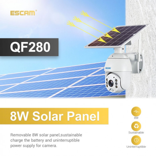 ESCAM QF280 HD 1080P IP66 Panneau solaire WiFi étanche PT Caméra IP sans batterie, prise en charge de la vision nocturne / détection de mouvement / carte TF / audio bidirectionnel (blanc) SE580W1480-017