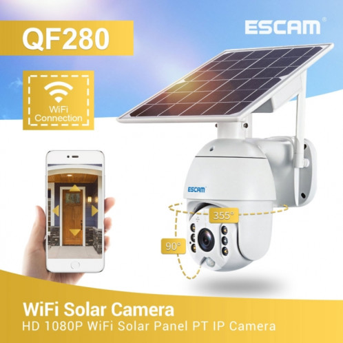 ESCAM QF280 HD 1080P IP66 Panneau solaire WiFi étanche PT Caméra IP avec batterie, prise en charge de la vision nocturne / détection de mouvement / carte TF / audio bidirectionnel (blanc) SE581W1455-017