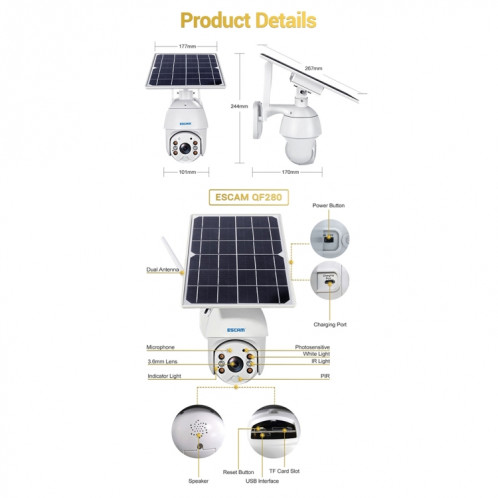 ESCAM QF280 HD 1080P IP66 Panneau solaire WiFi étanche PT Caméra IP avec batterie, prise en charge de la vision nocturne / détection de mouvement / carte TF / audio bidirectionnel (blanc) SE581W1455-017