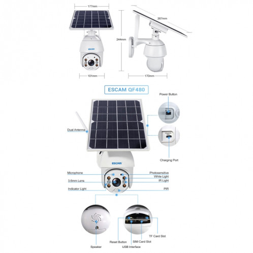 ESCAM QF480 Version US HD 1080P IP66 Panneau solaire étanche 4G PT Caméra IP sans batterie, prise en charge de la vision nocturne / détection de mouvement / carte TF / audio bidirectionnel (blanc) SE680W285-017