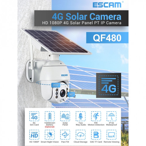 ESCAM QF480 Version US HD 1080P IP66 Panneau solaire étanche 4G PT Caméra IP sans batterie, prise en charge de la vision nocturne / détection de mouvement / carte TF / audio bidirectionnel (blanc) SE680W285-017