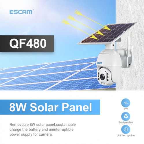 ESCAM QF480 Version US HD 1080P IP66 Panneau solaire étanche 4G PT Caméra IP sans batterie, prise en charge de la vision nocturne / détection de mouvement / carte TF / audio bidirectionnel (blanc) SE680W285-017