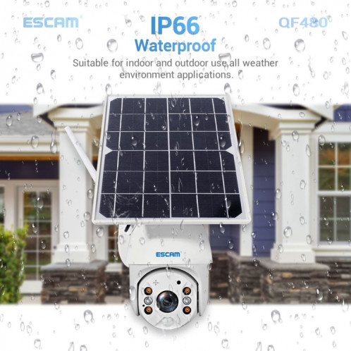 ESCAM QF480 Version UE HD 1080P IP66 Panneau solaire étanche 4G PT Caméra IP sans batterie, prise en charge de la vision nocturne / détection de mouvement / carte TF / audio bidirectionnel (blanc) SE681W260-017