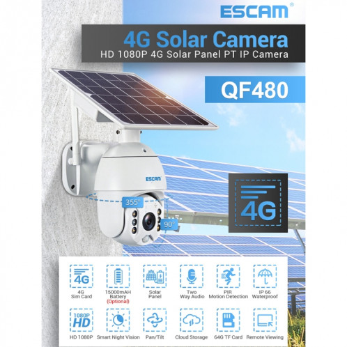 ESCAM QF480 Version UE HD 1080P IP66 Panneau solaire étanche 4G PT Caméra IP sans batterie, prise en charge de la vision nocturne / détection de mouvement / carte TF / audio bidirectionnel (blanc) SE681W260-017