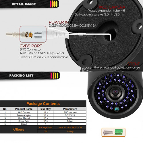 COTIER TV-635H2 / A IP66 étanche 1920x1080P caméra AHD, 1 / 2,7 pouces 2MP capteur CMOS, détection de mouvement, vision nocturne IR 20m, CE & RoHS certifié (noir) SC242B1421-013