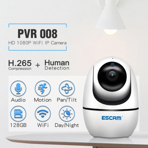 Caméra IP WiFi ESCAM PVR008 HD 1080P, prise en charge de la détection de mouvement / vision nocturne, distance IR: 10 m (blanc) SE290W1358-016