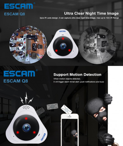 ESCAM Q8 960P 360 degrés Fisheye objectif 1.3MP WiFi IP Camera, détection de mouvement de soutien / vision nocturne, Distance IR: 5-10m (blanc) SE340W833-016