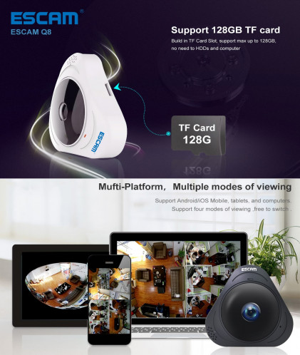 ESCAM Q8 960P 360 degrés Fisheye objectif 1.3MP WiFi IP Camera, détection de mouvement de soutien / vision nocturne, Distance IR: 5-10m (blanc) SE340W833-016