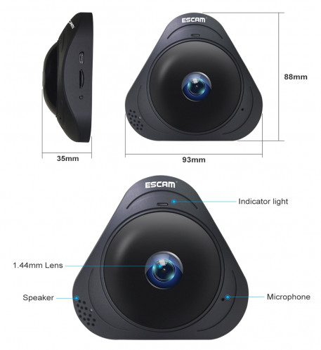 ESCAM Q8 960P 360 degrés Fisheye objectif 1.3MP WiFi IP Camera, détection de mouvement de soutien / vision nocturne, Distance IR: 5-10m (blanc) SE340W833-016