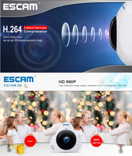 ESCAM Q8 960P 360 degrés Fisheye objectif 1.3MP WiFi IP Camera, détection de mouvement de soutien / vision nocturne, Distance IR: 5-10m (blanc) SE340W833-016