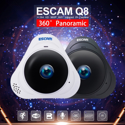 Escam Q8 960P 360P 360 degrés Fisheye lentille 1.3mp wifi Caméra IP, détection de mouvement de support / vision nocturne, IR Distance: 5-10m, prise EU (Blanc) SE0EUW1213-013