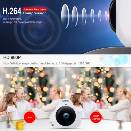 Escam Q8 960P 360P 360 degrés Fisheye lentille 1.3mp wifi Caméra IP, détection de mouvement de support / vision nocturne, IR Distance: 5-10m, (Blanc) SE0EUW1213-013