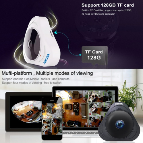 Escam Q8 960P 360P 360 degrés Fisheye lentille 1.3mp wifi Caméra IP, détection de mouvement de support / vision nocturne, IR Distance: 5-10m, (Blanc) SE0EUW1213-013